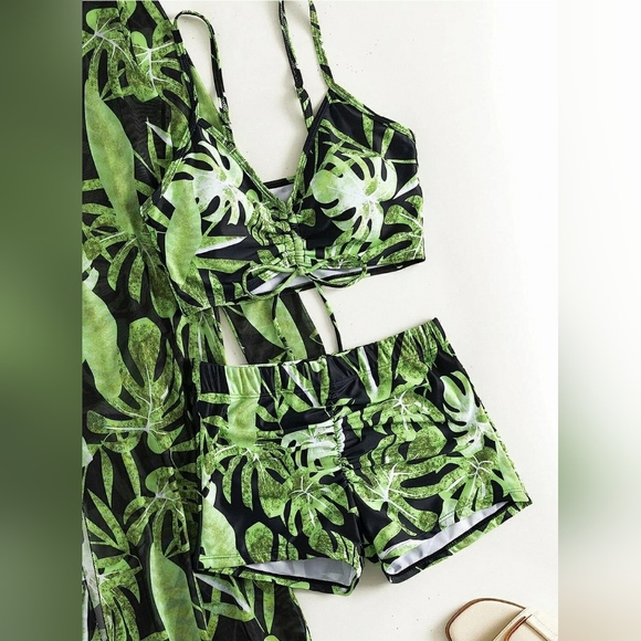 Tummy Control Swimwear, Tropical Print 3-pices Bikini Set in Green Size XL UK 16 - Picture 3 of 5